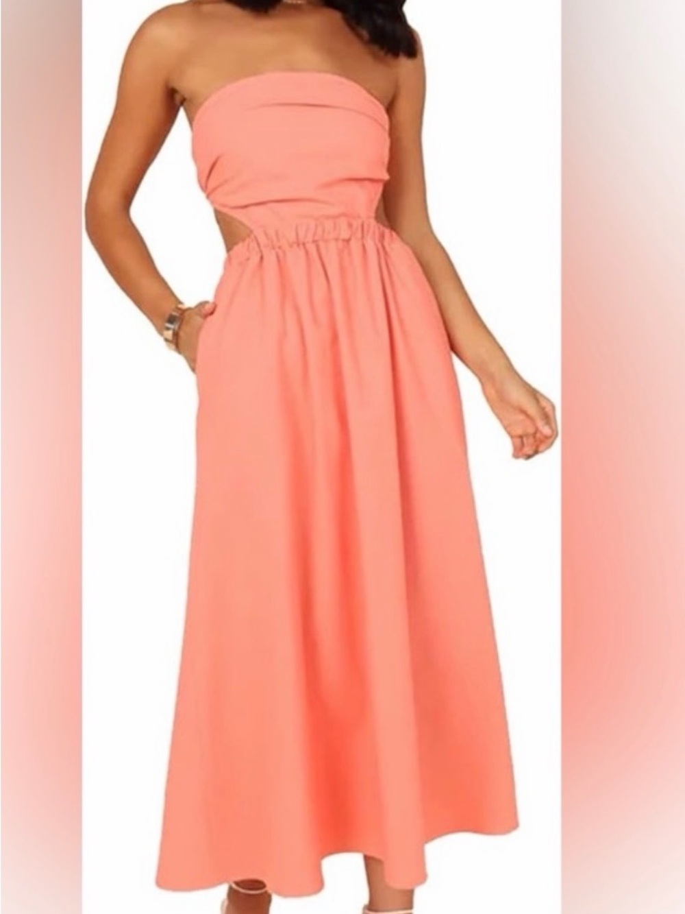 Petal & Pup Strapless Coral Maxi Dress with Side Cutouts